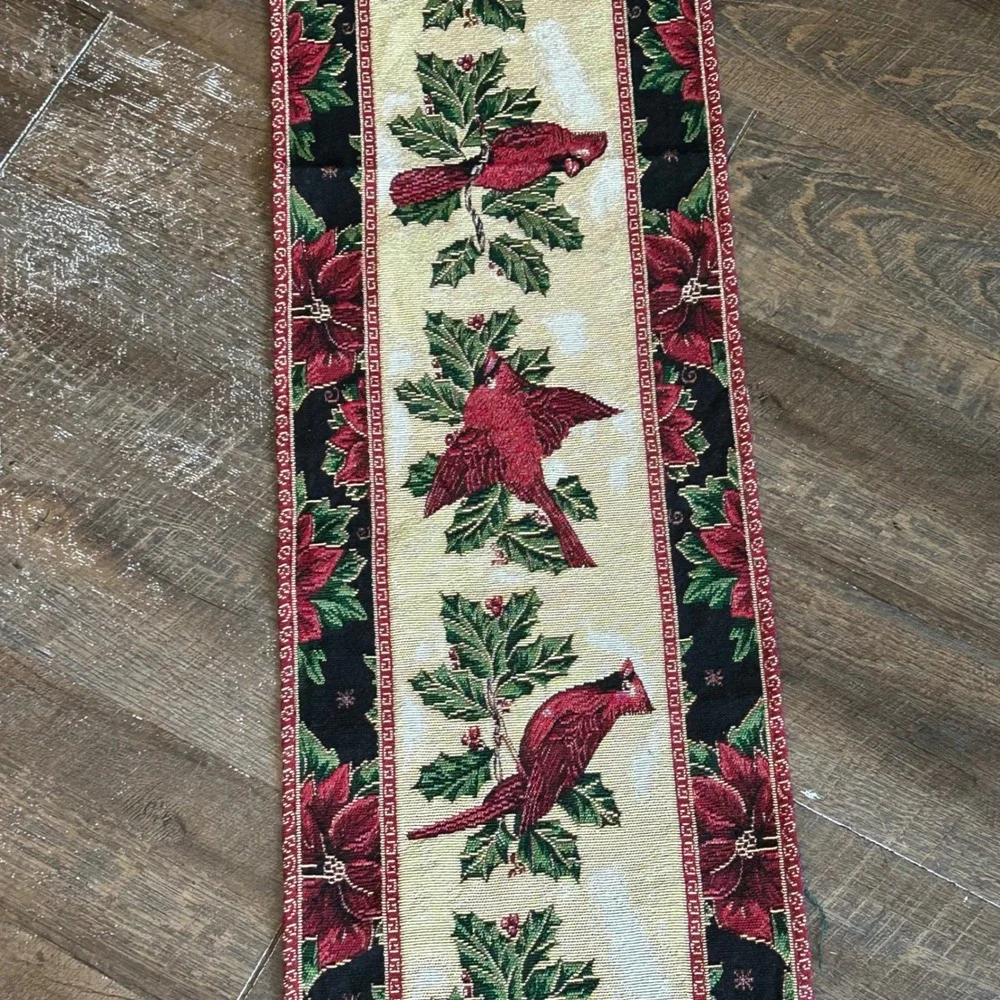Christmas Cardinal Poinsettia Woven Tapestry Table Runner Red  13x71 Vintage